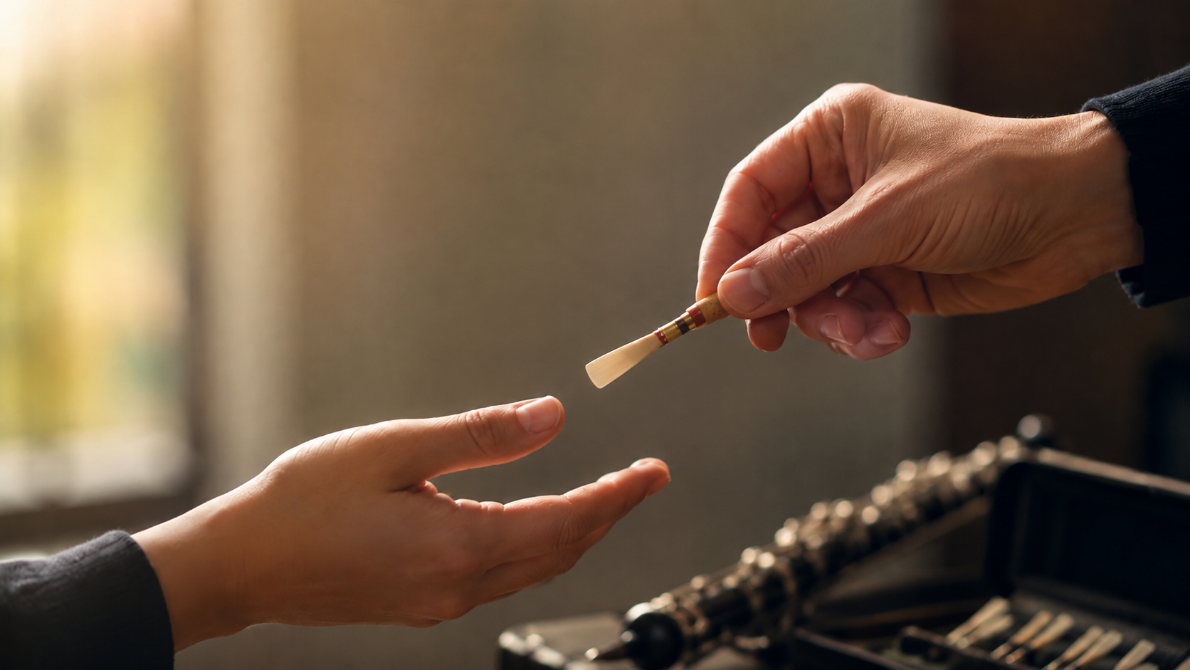 Handmade oboe reed being passed from one oboist to another